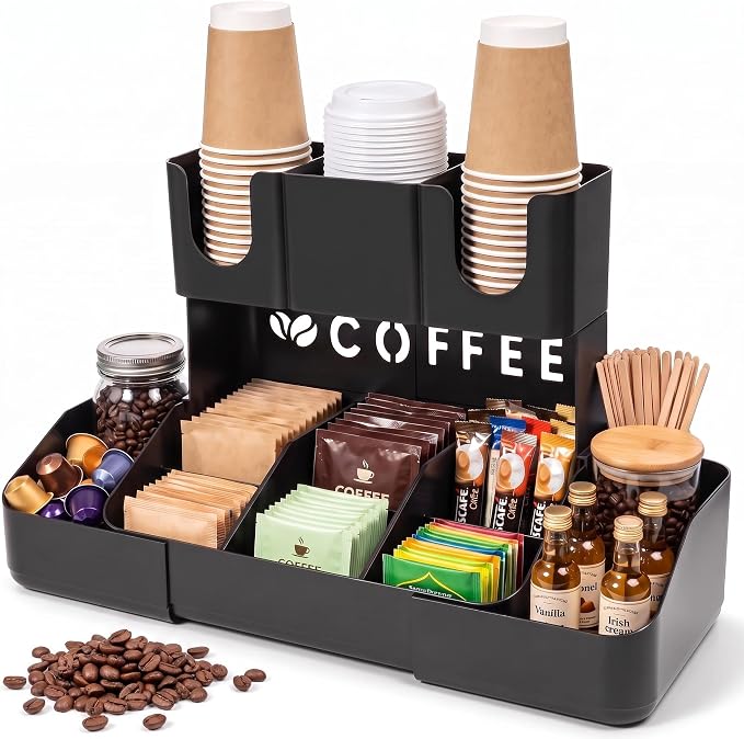 Expandable 2 Tier Coffee Station Organizer, Coffee Bar Organizer with 11 Compartments & Cup Holder Rack, Coffee Pod Holder for K Cups, Tea Bags, Sugar Packets, Countertop Coffee Accessories Storage