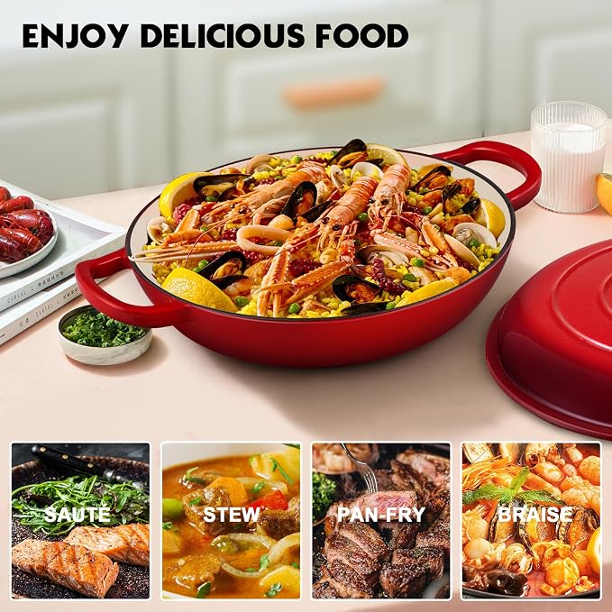 Overmont Enameled Cast Iron Dutch Oven - 3.8 QT Shallow Braiser with Recipe | Enameled Casserole with Lid Potholders, Oven Safe up to 500°F, Cast Iron Cookware for Grilling Searing Roasting Braising Bake