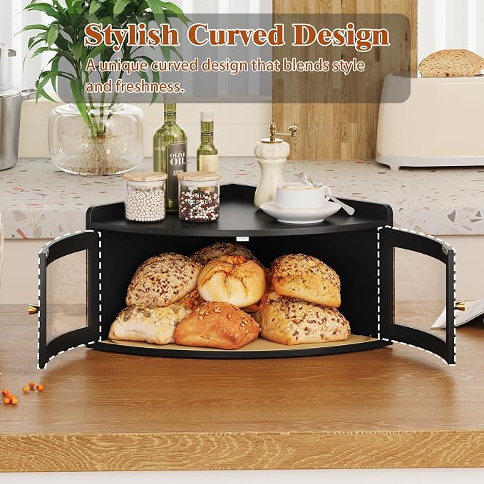 Trironsun Corner Bread Box for Kitchen Counter with Acrylic Transparent Door Bamboo Large Capacity Bread Storage Bin Fan Shape Breadbox Holder for Homemade Bread (Black 1 Layer)