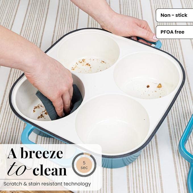 QuadPro Enamelled Cast Iron Bread Loaf Pot – Dutch Oven for Sourdough Bread Baking – 500°F Oven Safe Non Stick Bread Pot – 4 Round Loaf Spaces (4.90-inch Diameter), Light Blue – by Nuovva