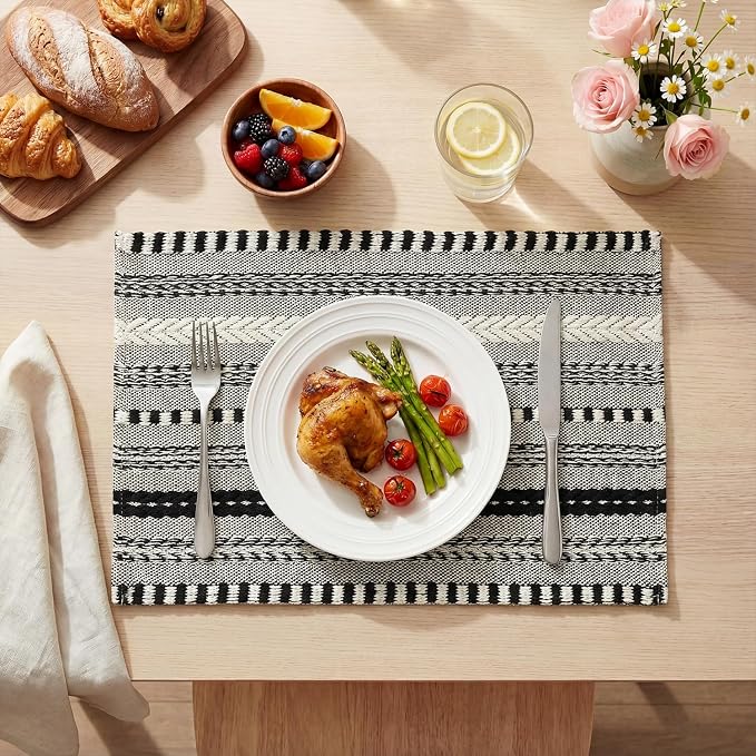 Artoid Mode Black Farmhouse Woven Braided Stripe Placemats Set of 4,12x18 Inch Seasonal Holiday Table Mats Party Kitchen Dining Decoration