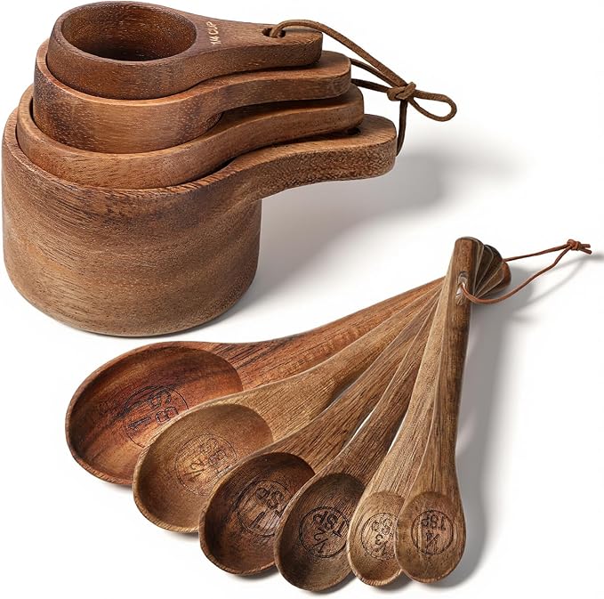 10-Piece Wooden Measuring Cups and Spoons Set, Handcrafted Acacia Wooden Measuring Cups - Solid Acacia Wood, Laser Engraved, Wood Rustic Kitchen Accessories for Baking, Cooking