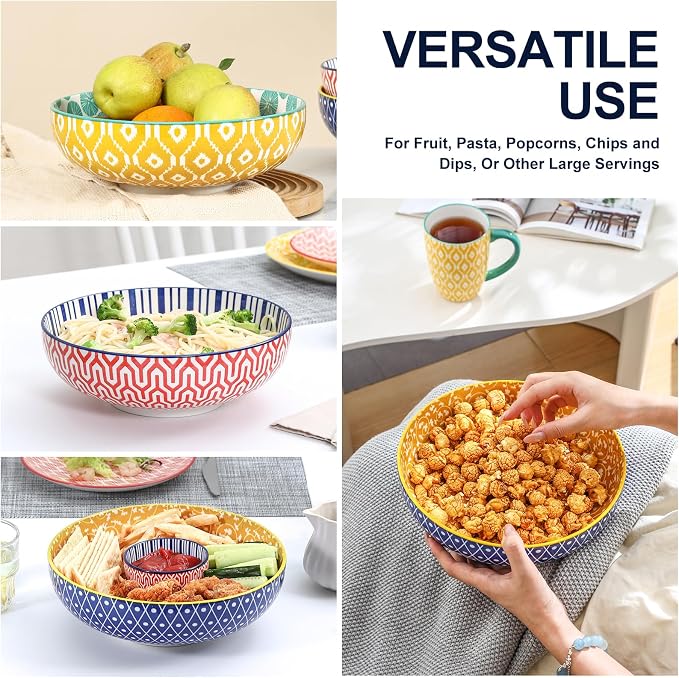 Selamica 9.5" Serving Bowls, 60 OZ Large Salad Bowls Set of 3 for Entertaining Party, Ceramic Bowls for Kitchen, Pasta, Soup, Dinner, Assorted Colors