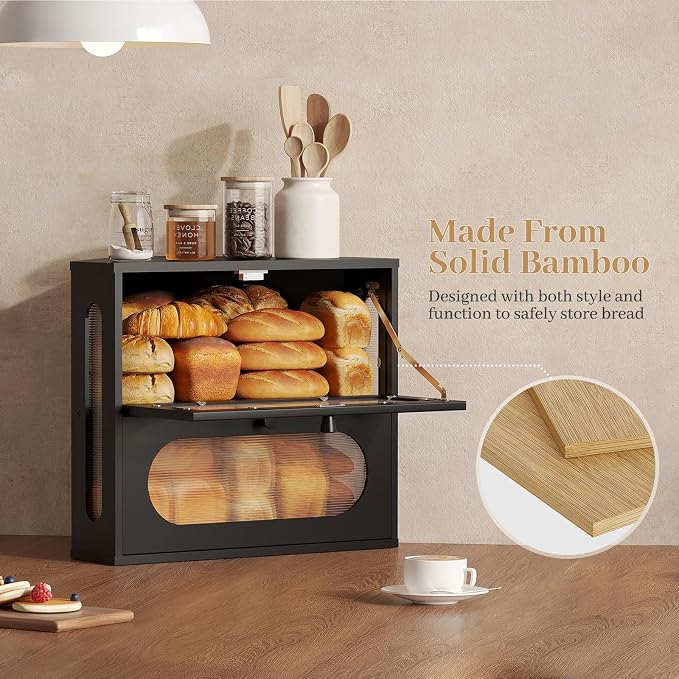 Corner Bread Box for Kitchen Countertop, 2026 New Double Layer Bamboo Bread Storage Bin, Large Bread Container for homemade bread (Black)