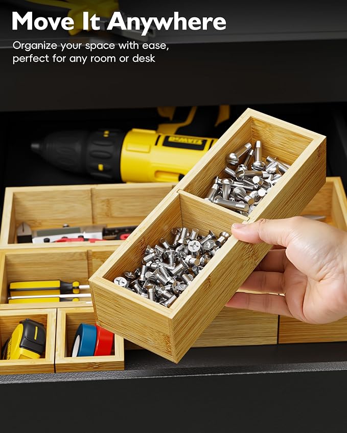12-Piece Bamboo Drawer Organizer Set, 24 Compartments Modular Storage | Natural Bamboo, Flexible Modular Trays, Water-Resistant, Stackable Design, Adjustable, Excellent Organization, Easy to Clean