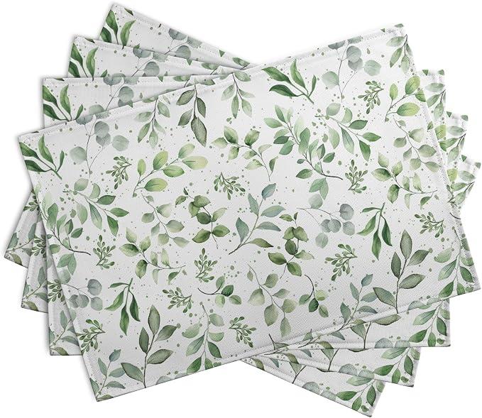 Sage Green Eucalyptus Leaves Placemats Set of 4 Spring Summer Watercolor Leaf Table Mats 12x18 Inch Seasonal Holiday Rustic Farmhouse Linen Fabric Place Mat for Kitchen Dining Decor