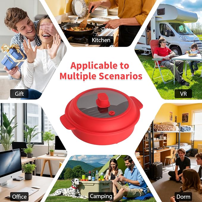 GLOU-GLOU GOOSE GGG Microwave Grill Pan, Fry Griddle Crisper Pan with Lid for Grilling Browning and Crisping Foods Microwave Silicone Cookware for Meat Sandwich Vegetable Red