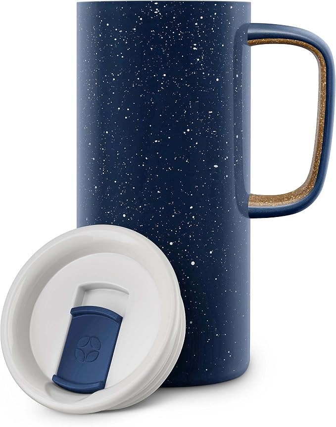 Ello Campy 18oz Insulated Stainless Steel Travel Mug with Handle, Navy | Leakproof coffee tumbler keeps drinks hot for hours. BPA-free, comfortable handle, great for commutes and the office.