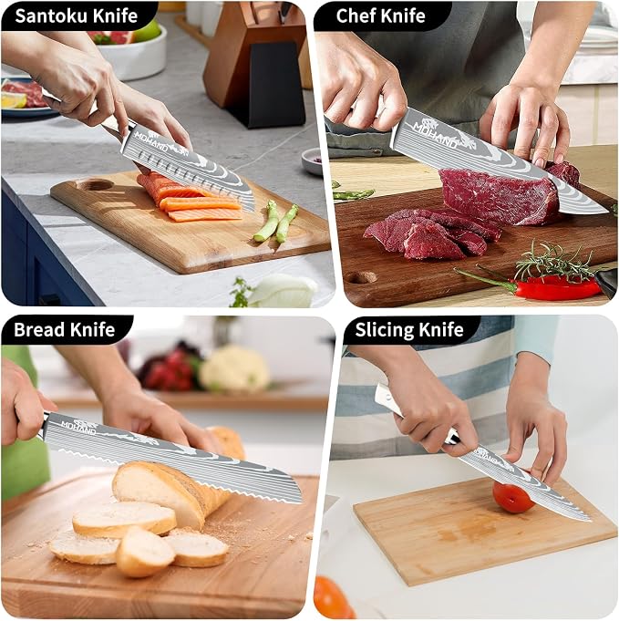 Chef Knife Set with Roll Bag, Professional Knife Set with Sharpener | High Carbon Stainless Steel 9PCS Kitchen Knife Set, Forged Triple Rivet Handle, Kitchen & Home Cooking, Dishwasher Safe White