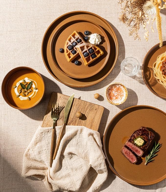 LERATIO Stoneware Dinnerware Sets for 4,12-Piece Matte Plates and Bowls Set | Handmade High Edge Rim Dish Set,Oven & Microwave,Dishwasher Safe,Scratch Resistant--Caramel