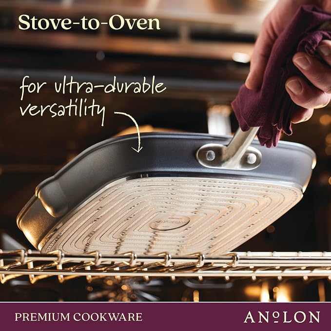 Anolon Accolade Forged Hard Anodized Nonstick Square Grill Pan/Griddle with Spouts, 11 Inch - Moonstone Gray