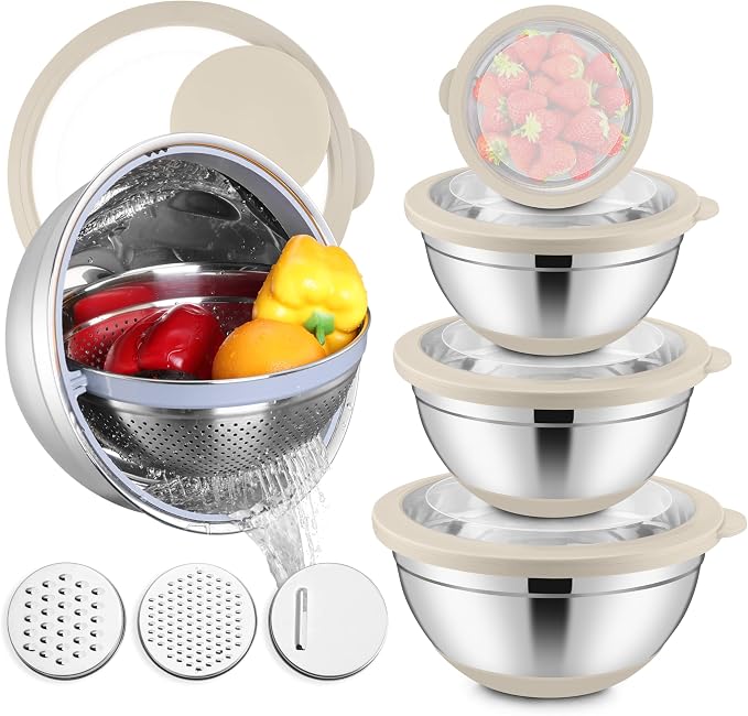 E-far Stainless Steel Mixing Bowls with Lids & Colander, 15PCS | Nesting Mixing Bowl with Non-Slip Bottom & 3 Metal Grater, For Kitchen Prep Baking Storage, 4.6, 3, 1.5, 1, 0.7QT, Khaki
