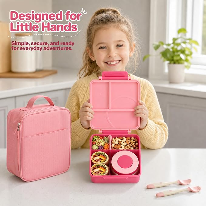 Bento Lunch Box Set for Kids with 8oz Soup Thermo, Leak-Proof Lunch Containers with 4 Compartment, Kids Thermo Hot Food Jar and Insulated Lunch Bag for Kid to School-Pink
