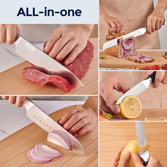 Topfeel 6PCS Kitchen Knife Set with In-Drawer Bamboo Knife Block | 8" chef,bread and Santoku knives, 5" utility and 3.5" paring knife with high-carbon stainless steel blades and gift box