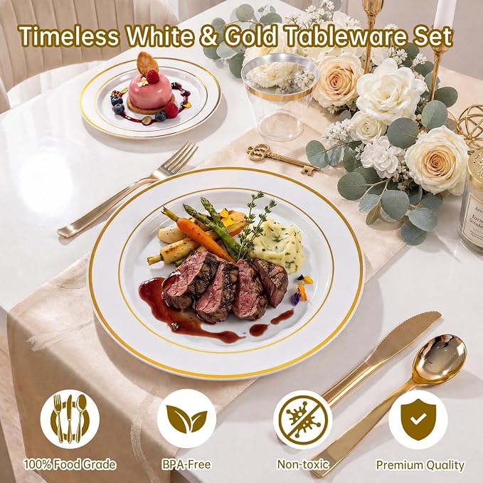 DaYammi 350PCS Gold Plastic Dinnerware Set for 50 Guests, Fancy Disposable Plates for Party, Include: 50 Dinner Plates, 50 Dessert Plates, 50 Pre Rolled Napkins with Gold Silverware, 50 Cups