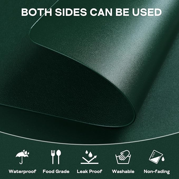 Faux Leather Placemats Set of 6 Waterproof Table Mats with Coaster | 17×12 In Heat Resistant Place Mats Set of 6 Wipebale & Washable Table Placemats for Kitchen Dining Indoor & Outdoor DarkGreen