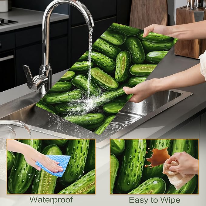 Table Placemats Set of 6,Green Cucumber Cloth Placemats,Vegetable Food Theme Heat-Resistant Table Mats for Kitchen Dining Room Decoration,Non-Slip Fabric Place Mats 11.8x17.7 Inch