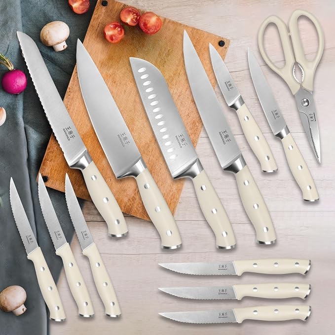 Knife Set, 15 Pcs Knife Block Set with Built-in Sharpener, High Carbon Stainless Steel Kitchen Knives, Japanese Stainless Steel Knives, Home Essentials Perfect for Gifts, Natural Pro