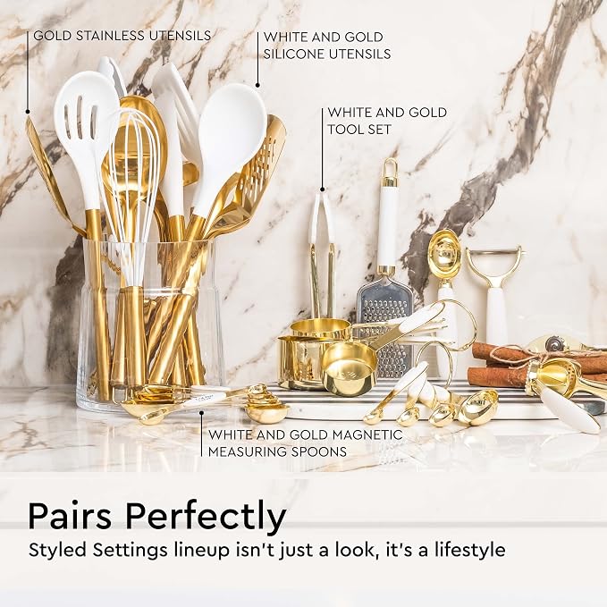 White and Gold Measuring Cups and Spoons Set – 8-Piece Stackable Stainless Steel Measuring Set – Stylish Gold Kitchen Accessories for Precise Baking and Cooking, Ideal Gift for Bakers and Chefs | Stainless Steel, 8-Piece Measuring Set with White Silico...