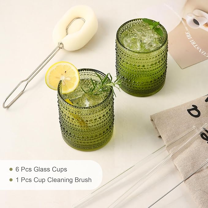 ZMOWIPDL Drinking Glasses Set of 6,12oz Green Hobnail Glass Cups | Vintage Glassware，Embossed Water Tumbler,for Beer,Cocktail,Whiskey,Juice and Various Mixed Drinks- 1 Cleaning Brush