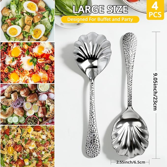 Serving Spoons 4Pack, Hammered Serving Spoons for Buffet 18/10 Stainless Steel Large Serving Spoons Set, Scalloped Design Serving Utensils for Party Catering Dinner Banquet Cooking(Silver)
