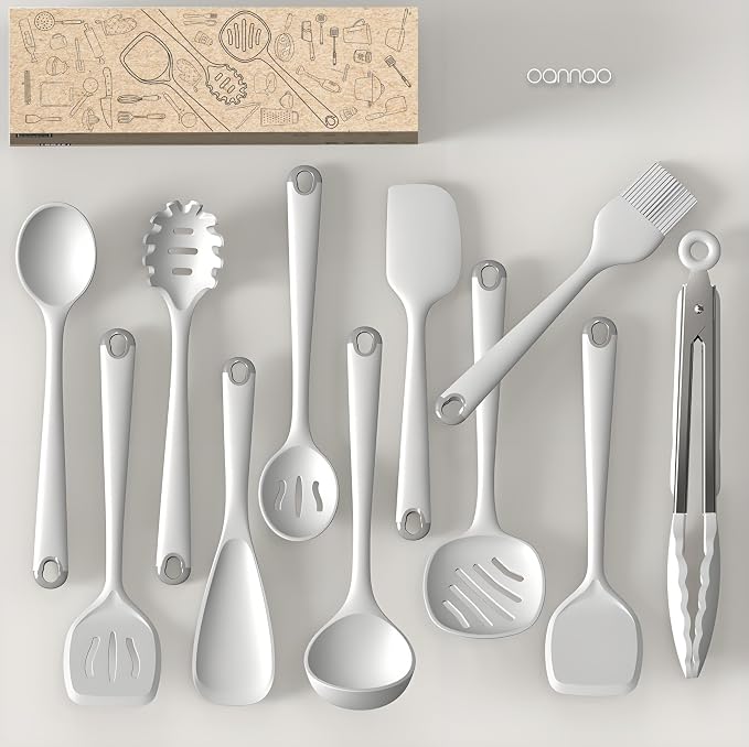 Silicone Kitchen Utensils Set,Utensils Sets for Cooking, Dishwasher Safe | Seamless Spatula Set for Nonstick Cookware, BPA-Free,Heat Resistant up to 600°F, Housewarming Gift, Cream White