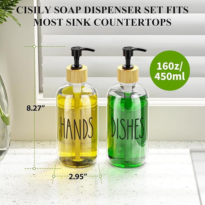 Cisily Kitchen Dish Soap Dispenser Set with 2 Pack 16.9oz Amber Glass Bottle and Sponge Holder, Dish Soap Dispensers with Adjustable Sponge Holder, Vintage Hand and Dish Soap Dispensers Set