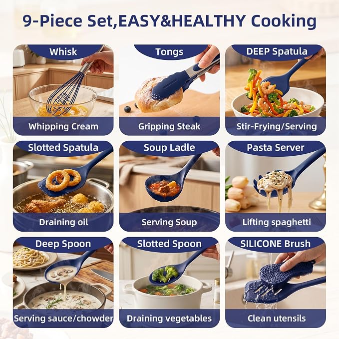 Kitchen Utensils Set,9 PCS Silicone Cooking Utensils Set Spatula Set,Tongs,Spoon,Whisk,Brush,Dishwasher Safe Kitchen Gadgets for Non-Stick Cookware,Home Essential，Kitchen Appliances(Navy Blue)