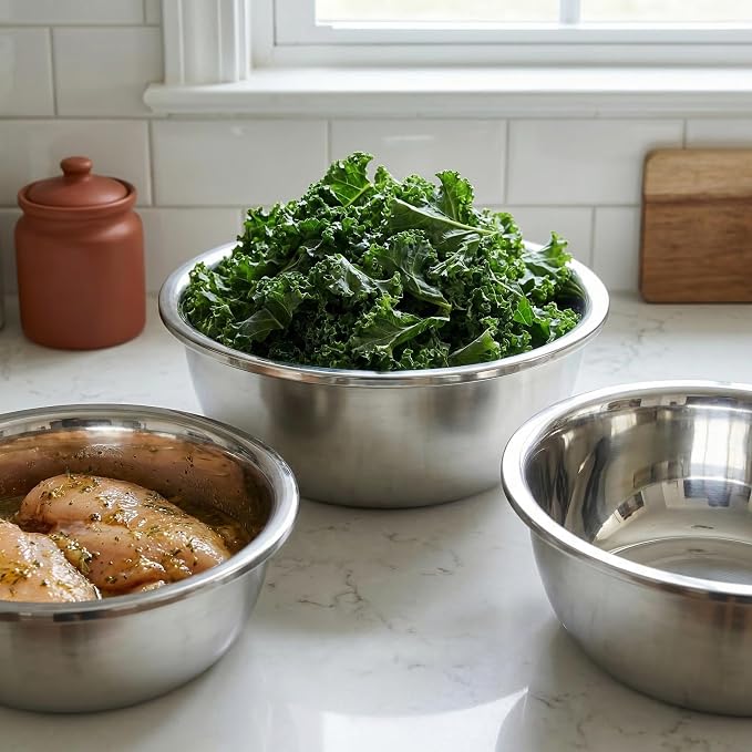 3 Pcs 8.24 Quart Stainless Steel Mixing Bowls, Large Oversized Metal Bowls | For Mixing, Baking, Serving, Marinating, Meal Prep, Home Kitchens And Commercial Use