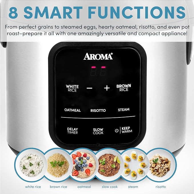 AROMA Digital Rice Cooker, 4-Cup (Uncooked) / 8-Cup (Cooked), 2 Qt, Steamer, Multicooker, Slow Cooker, Oatmeal Cooker, Auto Keep Warm, Stainless Steel Exterior