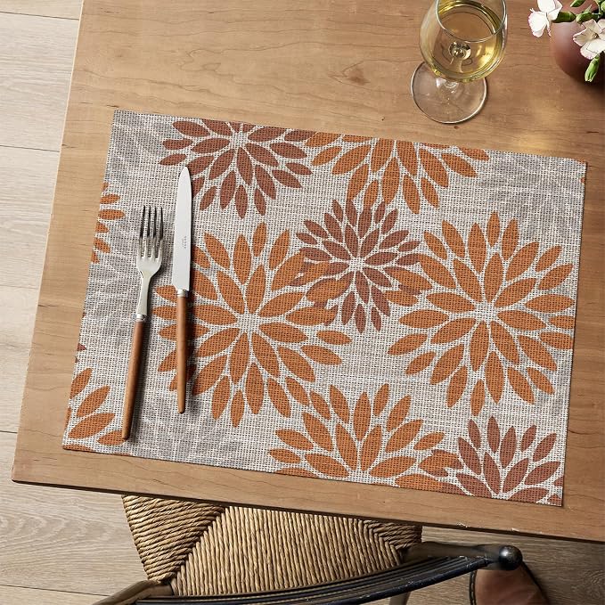 Artoid Mode Floral Vinyl Fall Placemats Set of 4, 12x18 Inch Thanksgiving Vintage Washable Non-Slip Plastic Place Mats for Party Kitchen Dining Decor, Orange
