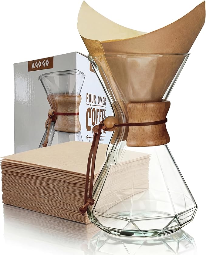 AGOGO Pour Over Coffee Maker Set, 34oz Diamond Style, 50 Paper Filters | Barista kit for home kitchen, Cafe, Camping & Office; 20oz-40oz Classic, Slim, Diamond styles; Includes brush & towel.