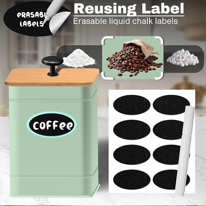 Kitchen Canister Set of 4, Sage Green Airtight Metal Flour Sugar Containers | Flat Bamboo Lids, Reusable Labels & Marker, Wide Openings, Coffee Tea Containers, Kitchen Countertop and Pantry Organized