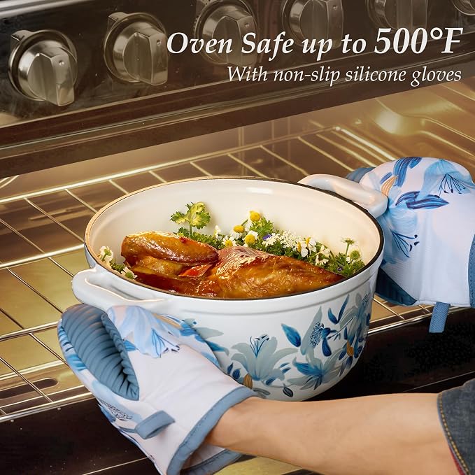 CAROTE 5QT Enameled Floral Cast Iron Dutch Oven Pot with Lid | Sourdough Bread Baking with Cotton Potholders & Oven Gloves, Gift Box, Cookware for Braising, Oven Safe up to 500° F