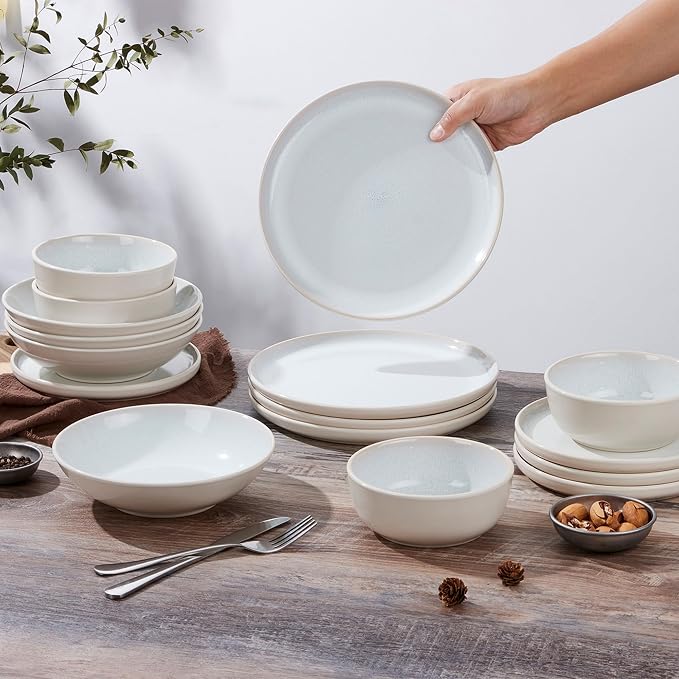 LIANYU 16 Piece Dinnerware Sets with Pasta Bowls for 4, Dusk White | Stoneware Plates and Bowls Set, Modern Dinning Ware Dishware Set, Microwave and Dishwasher Safe