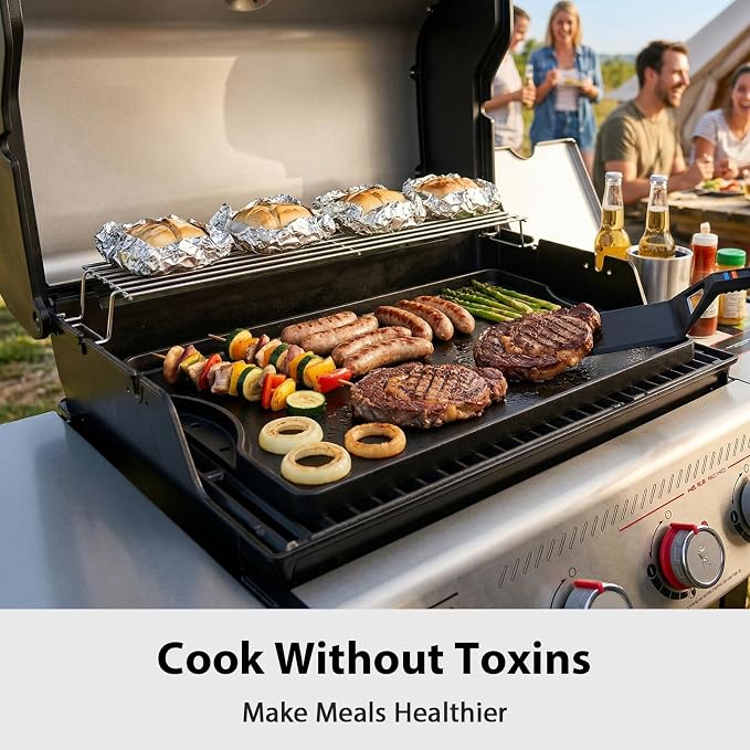 Utheer Reversible Griddle Kit, 19.5 x 10.5 Inch Ceramic Cast Iron Flat Top | Includes 5-piece scratch-safe nylon tools, double-sided cooking surface for stovetop, gas grill, BBQ and camping