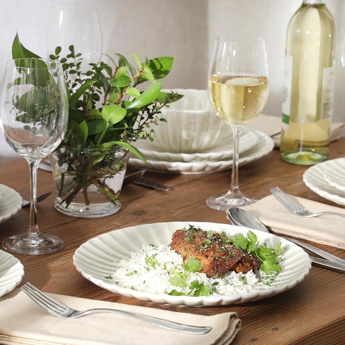 Gibson Elite Peach Orchard 12-Piece New Bone China Dinnerware Set Service for 4, Embossed Fluted Plates and Bowls, Dishwasher and Microwave Safe, Cream White