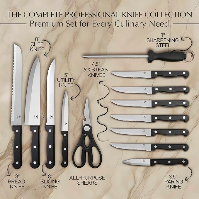 Moss & Stone 14 Pcs Kitchen Knife Set with Block, Stainless Steel | Premium forged kitchen knives with high-carbon sharp blades, ergonomic handle, rust-resistant knife block set for home & chef