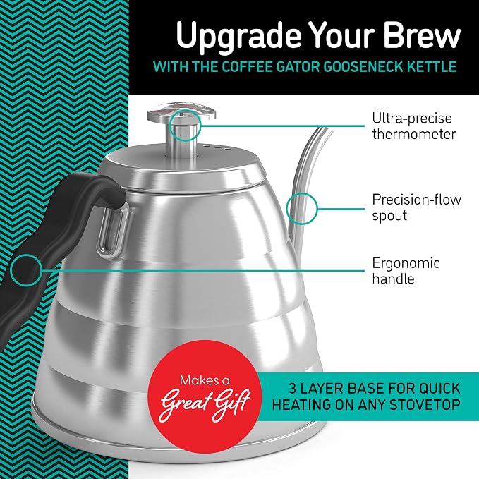 Coffee Gator Gooseneck Kettle with Thermometer - 40oz | Stainless Steel Pour Over Maker, Stove Top, w/Precision Drip Spout, for Drip Coffee, French Press, Tea Kettle , 5 Cup, 1.2L
