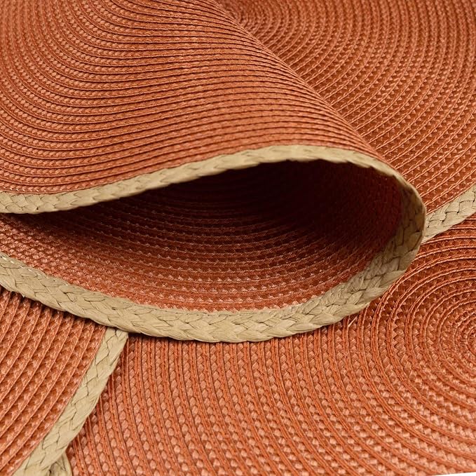 Round Placemats Set of 8, Woven Table Mats, Thin Edge, Dark Orange | Braided Paper Edge, 15 Inch Diameter, Fits Dinner Plate and Flatware, Wipeable, Heat Resistant, Indoor Dining, Outdoor Patio