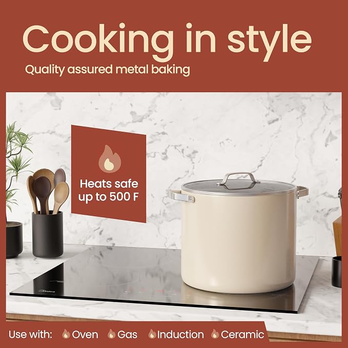Bakken 12.5 Quart Ceramic Coated Stock Pot with Lid, Easy Clean Nonstick Pot, Tempered Glass Lid, Riveted Stainless Steel Handles, Oven Safe Up To 500°F, PTFE & PFAS Free, All Stove Compatible, Cream