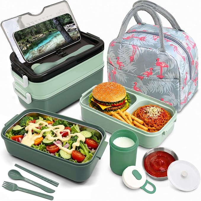 2-Tier Bento Lunch Box for Women & Adults with Insulated Lunch Bag | 50 OZ Large Capacity Bento Box with BPA-Free Utensils & Cup & Sauce Container, Leakproof, Microwave Safe for Work & Meal Prep