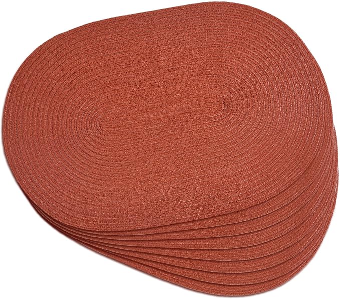 Placemats Set of 8, Woven Oval Braided Dining Table Mats(Rust Orange) | 12 x 17.5 Inch Size Fits Plates and Flatware; Hand Washable and Heat Resistant for Kitchen Use, with Farmhouse and Boho Style