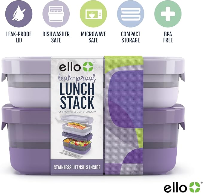Ello Lunch Stack Bento Box Plastic Food Containers, 2 Pack, Wisteria | Leakproof bento box food containers, 2 pack. BPA-free, great for meal prepping, school & office lunches, and leftovers.