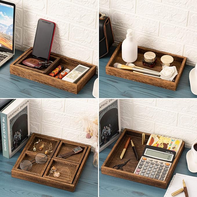 Rustic Wooden Serving Trays with Handle - Set of 7 Rectangular Platters for Entertaining, Breakfast, Coffee Table, Home Decor | 4 Sizes Tray-Snacks to Entrees,Decorative Serving Platter for Breakfast Bed,Lunch,Ottoman,Coffee Table,BBQ-Great for Lap&Sofa