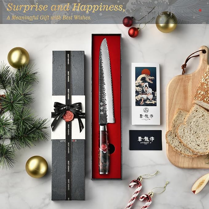 9'' Japanese Bread Knife, Black Forged 3-Layer VG10 Steel Core | San-Mai Kurouchi Finish, 62 HRC Hardness, Razor Sharp Serrated Edge, Bread & Bagels, Resin-Wood Handle, Premium Gift Box