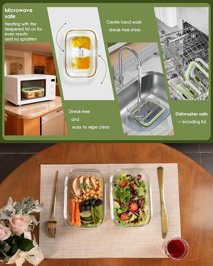 4-Pack Glass Container Set (2x 4.7 Cup & 2x 9.3 Cup), Ultimate Food Storage & Meal Prep with Easy-Open Valve, Tempered Glass Lids, Leakproof, Freezer to Oven Safe