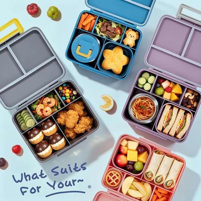 Kids Lunch Bento Box with 8oz Thermo/Ice Pack, BPA-Free, for School | Leak-proof Food Containers with 5 Compartment, Insulated Food Jar, Dishwasher Safe, Easy to Clean, Lunch Box for Girls Boys