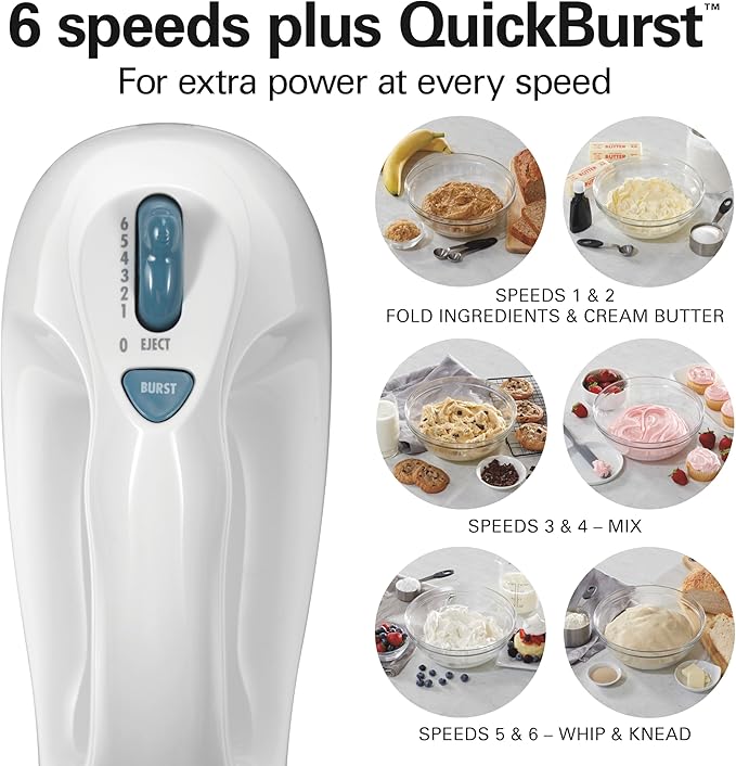 Hamilton Beach 6-Speed Electric Hand Mixer with Whisk,Traditional Beaters,Snap-On Storage Case,250 Watts,White,(Pack of 2)