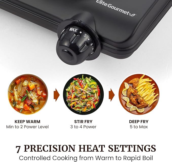 Elite Gourmet Electric Burner, 1000W Cast Iron Hot Plate, 7 Heat Settings | Portable cooktop for RV, dorm, office & small kitchens - road-ready, compact, and countertop-ready for cooking anywhere